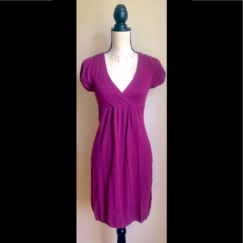 Maroon Purple Puff Sleeve Midi Empire Dress, XS